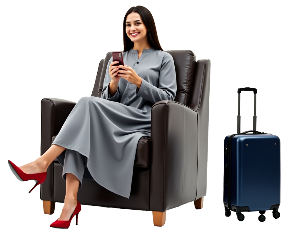 Business class traveler sitting on airport lounge